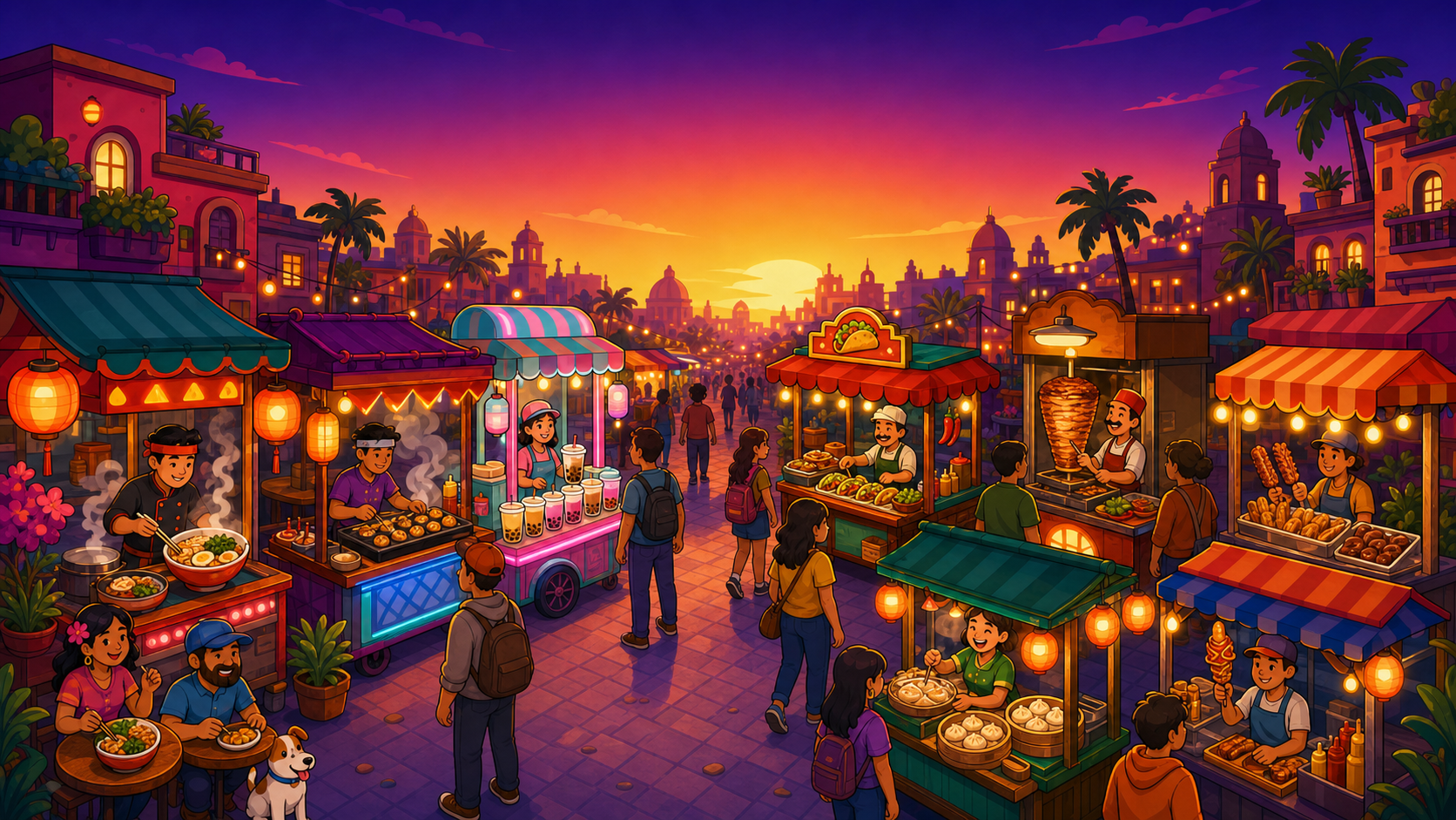 Illustrated snack street with glowing food stalls at sunset